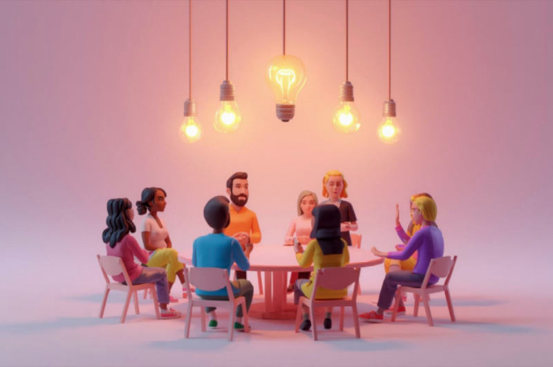 Diverse group of puppet people  seated on pink chairs around a pink table under light bulbs on wires, collaborating and creating ideas
